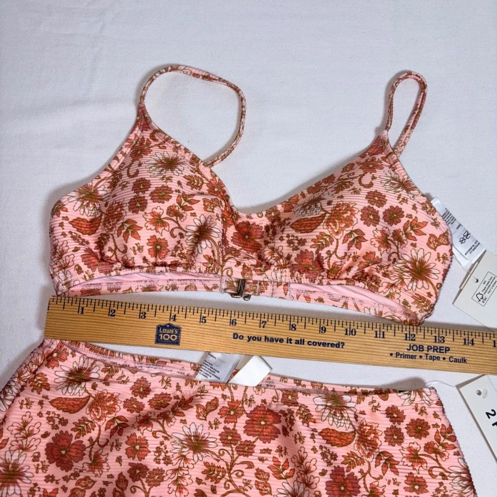 Billabong Bikini Set Medium Pink Floral NEW High Waist Ribbed Retro Rose Set